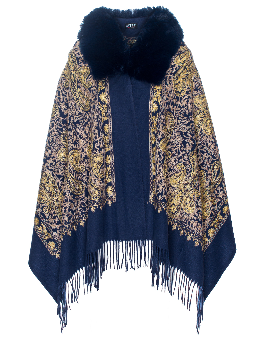 MANTELLA RICAMATA CON COLLO PELLICCIA CASHEMERE JACQUARD, TG UNICA